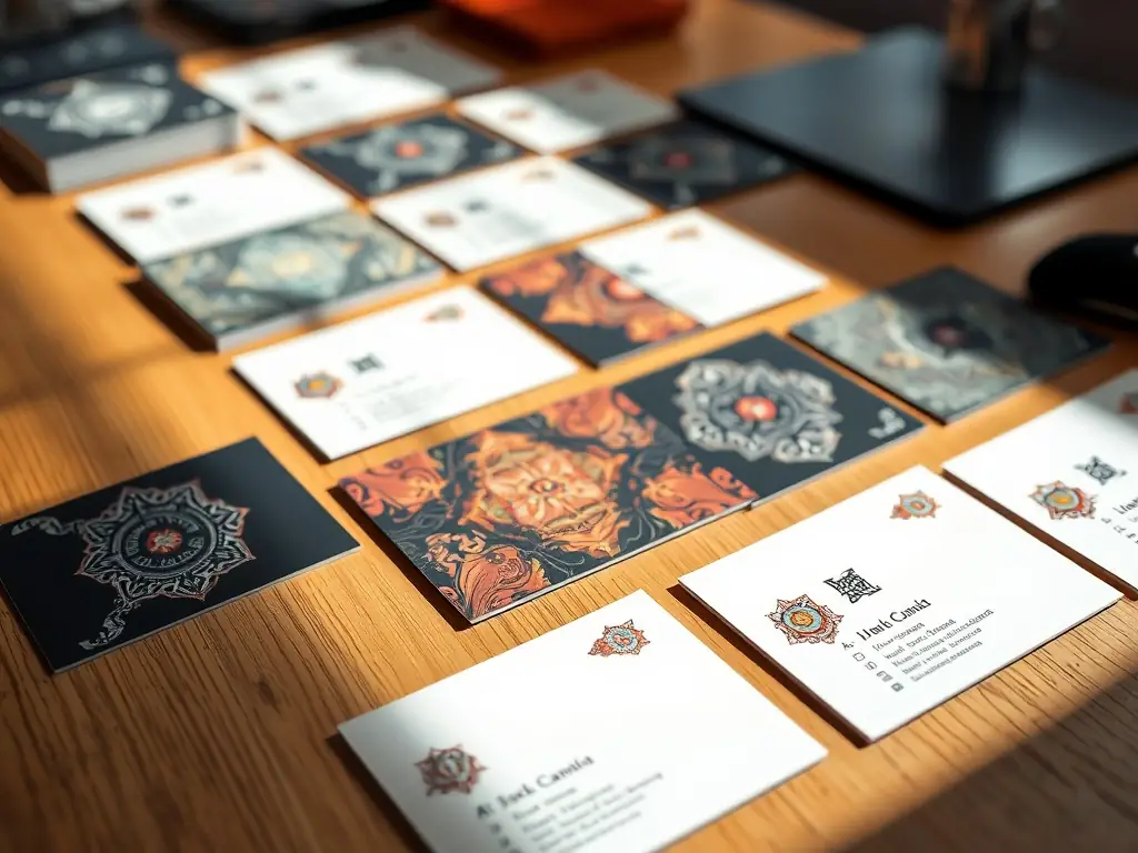 An image showcasing a variety of business cards with different textures and finishes (e.g., matte, glossy, embossed), arranged on a wooden desk with natural light, highlighting the premium quality and tactile appeal.