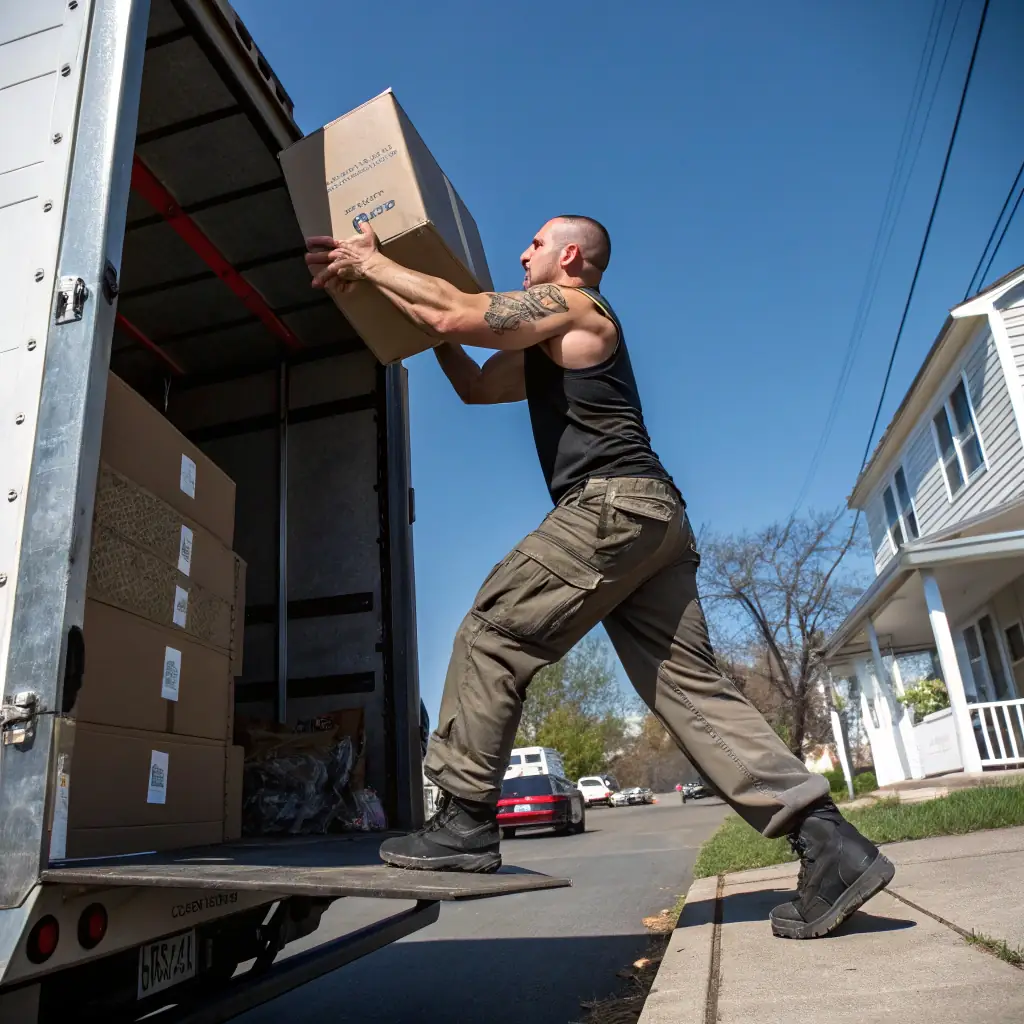 A professional mover carefully lifting a heavy piece of furniture while loading a moving truck in Las Cruces, NM. The image should convey reliability and care.