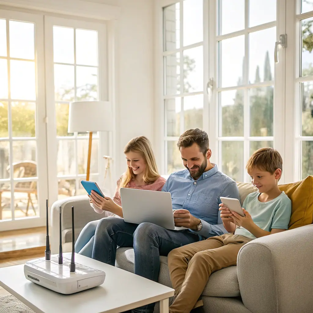 A family enjoying seamless streaming and video calls throughout their home, highlighting the benefits of Mesh WiFi extenders.