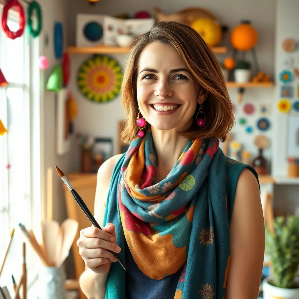 A young woman with a creative flair, sporting a colorful scarf and glasses.