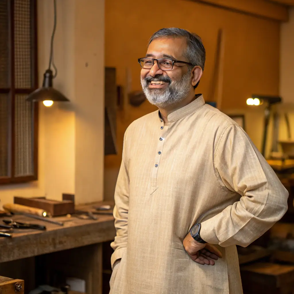 A middle-aged man with a beard, wearing a kurta and safety glasses.