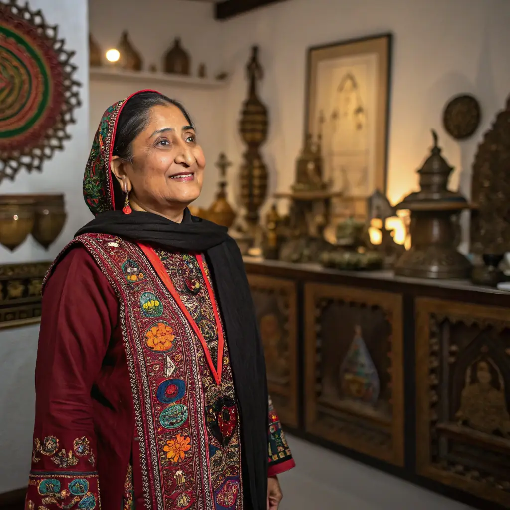 A confident woman with a warm smile, wearing traditional Indian attire.