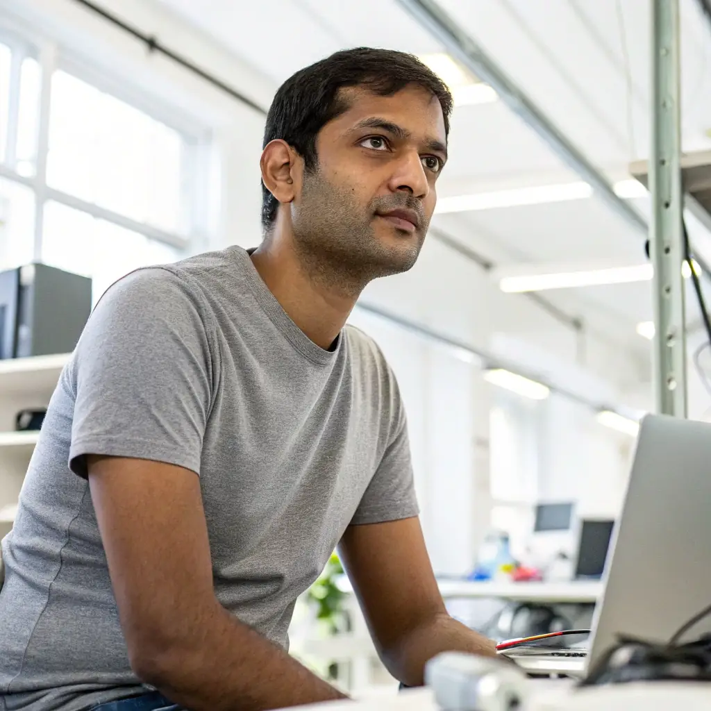 Rahul is a man in his late 40s with a receding hairline, wearing a professional suit, with a serious and analytical gaze.