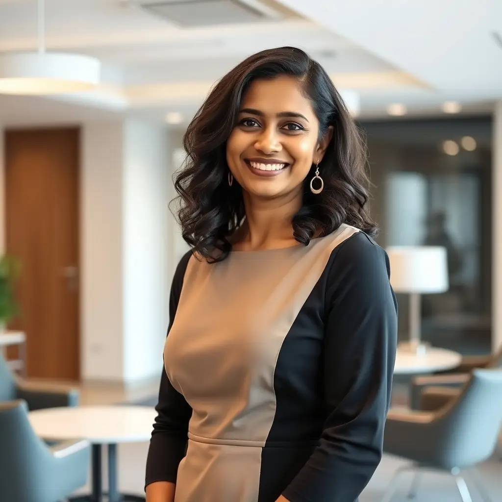 Sneha is a woman in her mid-30s with long, wavy hair, wearing a smart casual outfit, with a friendly and approachable demeanor.