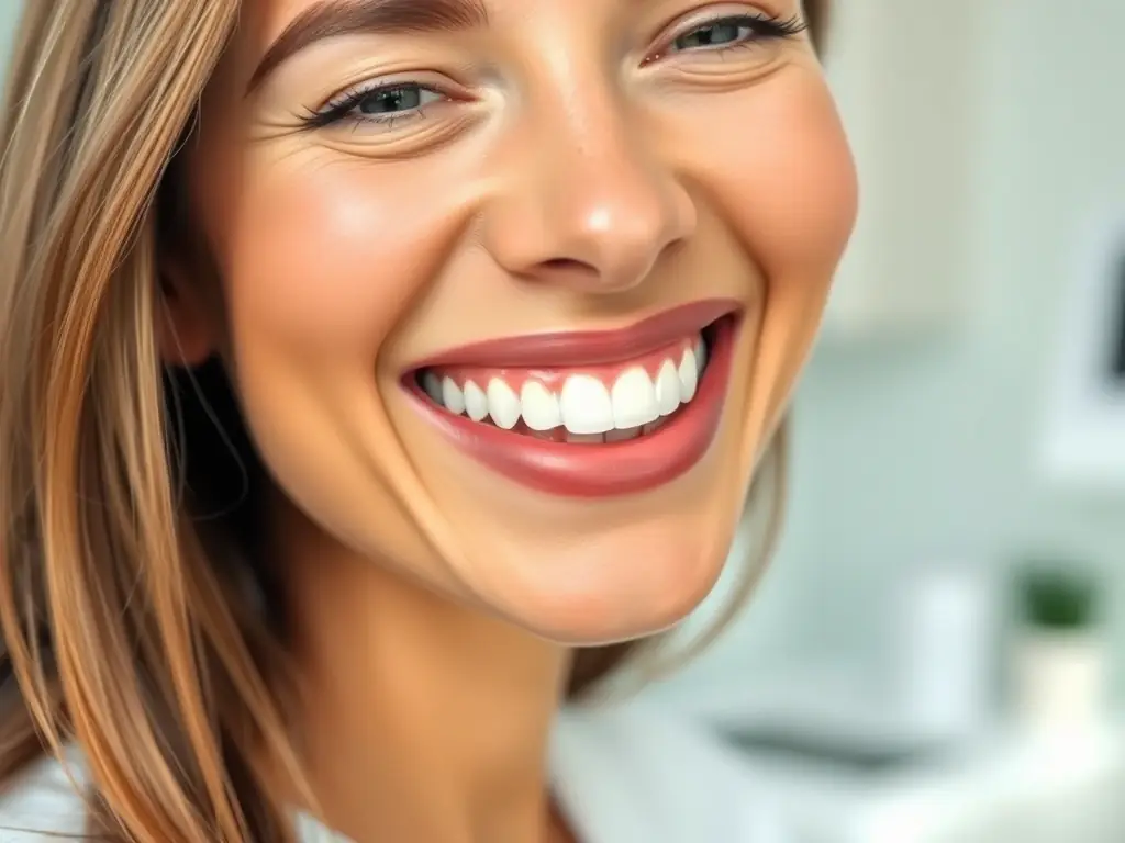 A person smiling with perfectly aligned teeth, showcasing the results of orthodontic treatment.