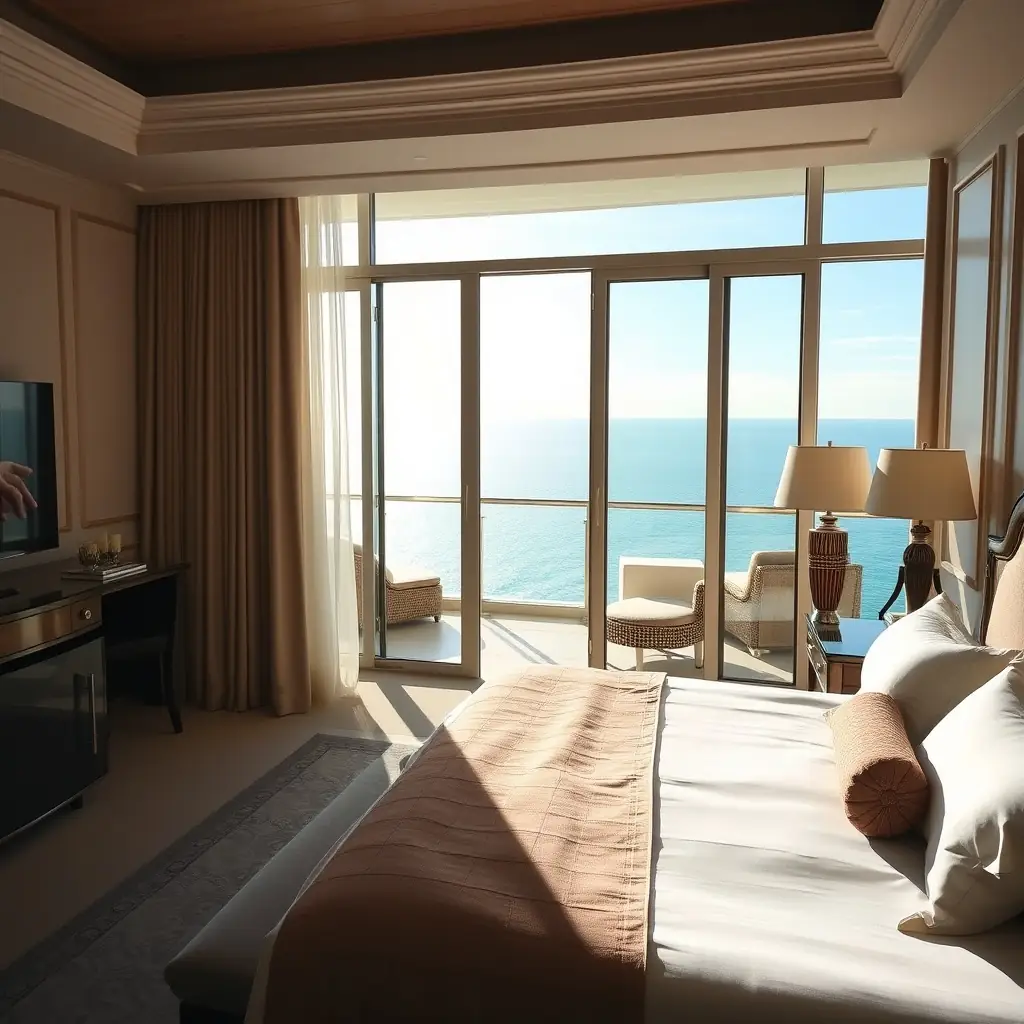 A beautifully decorated hotel suite with a balcony overlooking a serene ocean view, showcasing the luxurious and relaxing atmosphere of Lermonteno Hotel & Villa.