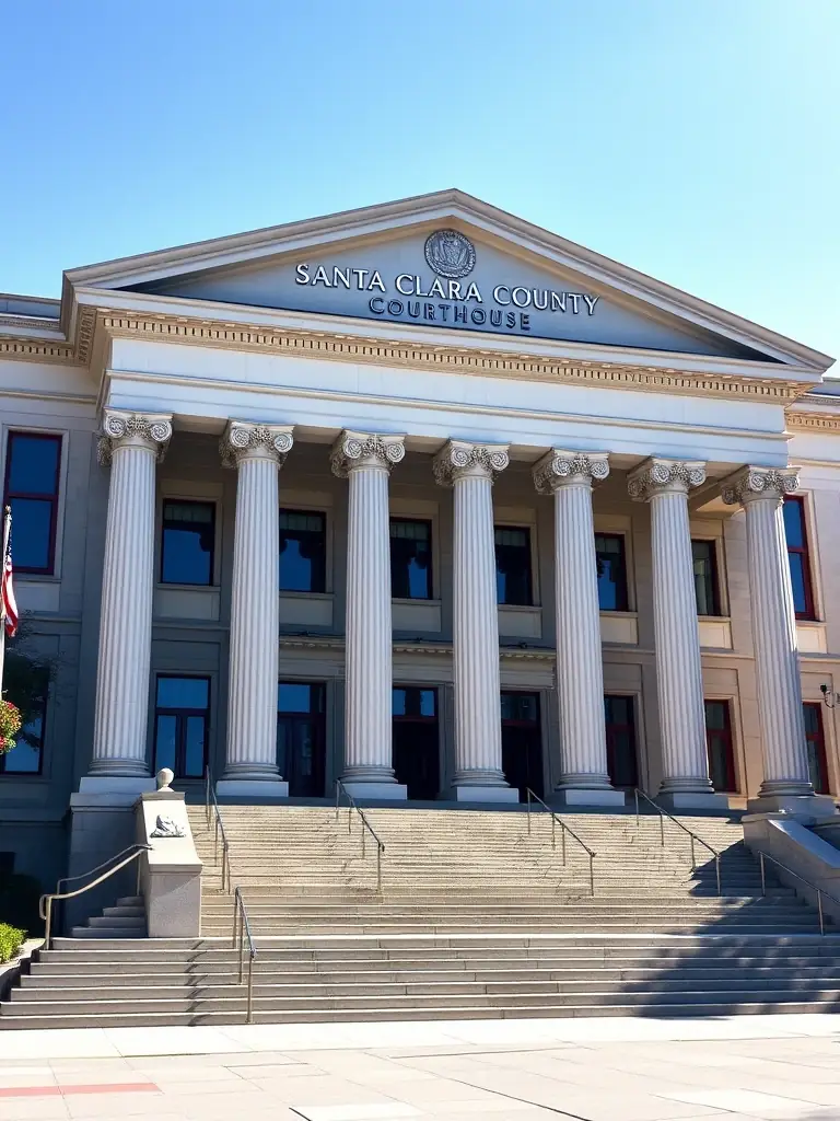 A close-up shot of the Santa Clara County Recorder's Office building in San Jose, emphasizing its official appearance and the potential hassle of visiting it in person.