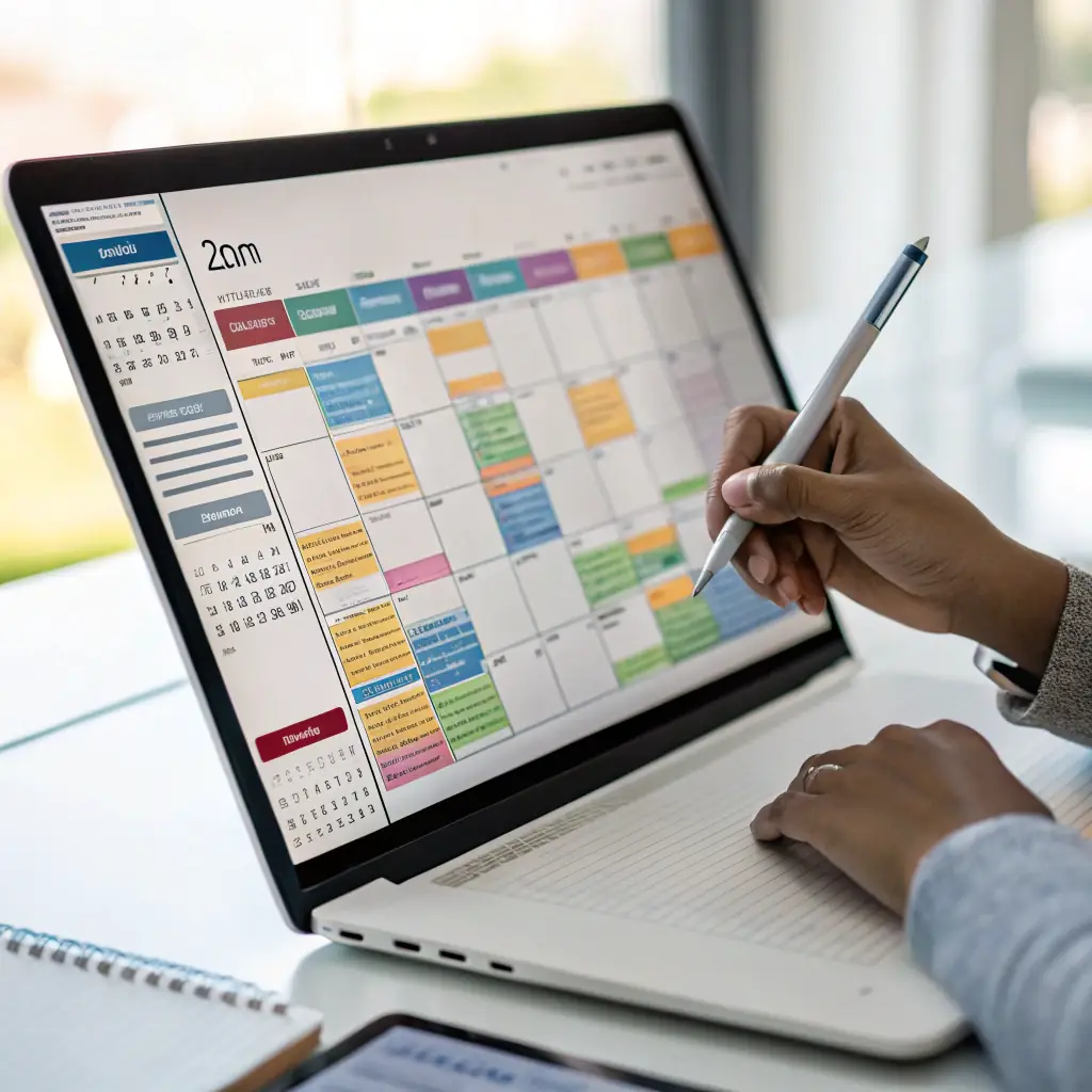 A calendar full of appointments, symbolizing a fully booked schedule for a home services business, with a visual representation of increased inbound calls and reduced response times.