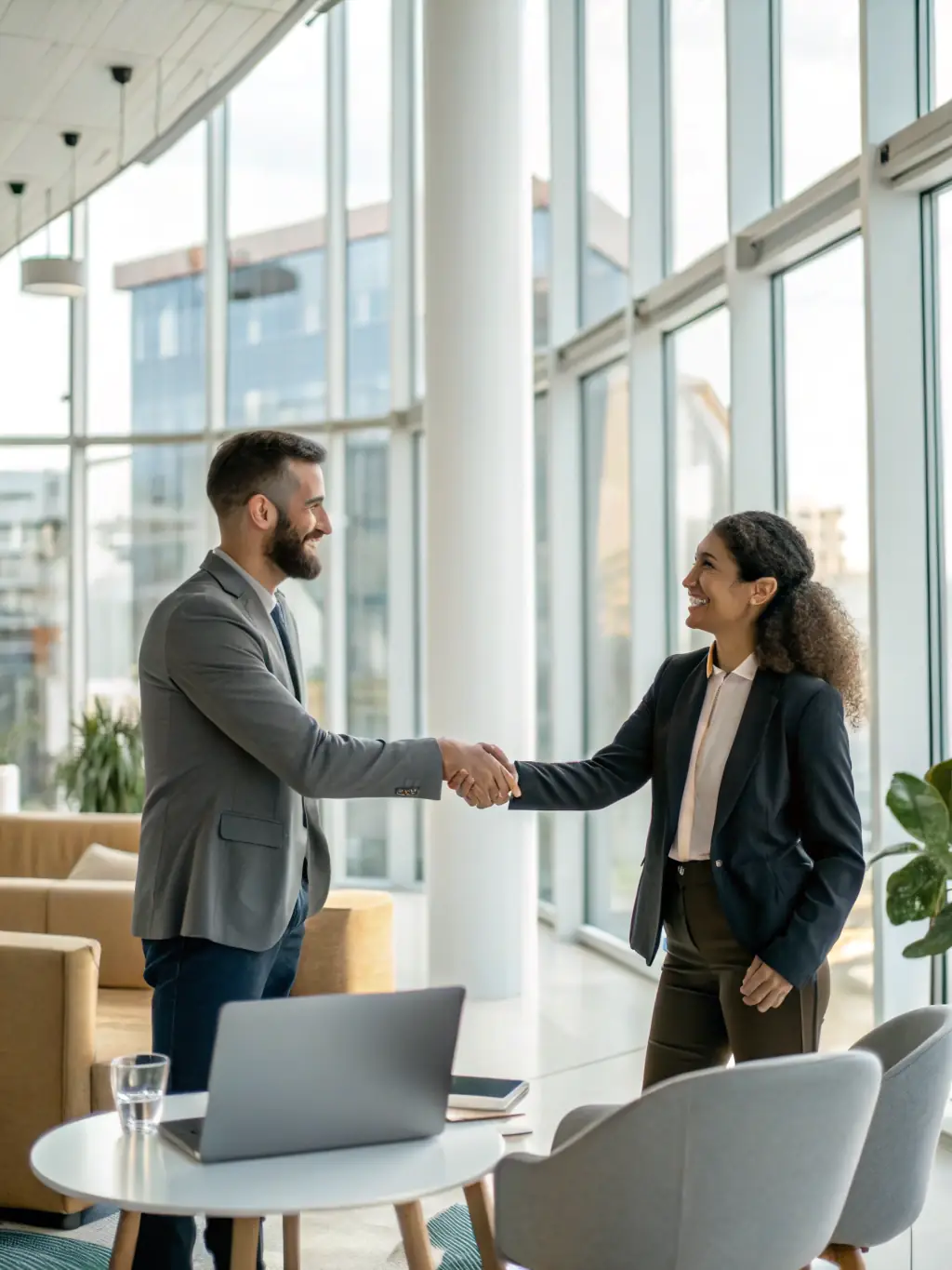 A person confidently shaking hands with a client in front of a globe, symbolizing enhanced brand reputation and trust in international markets.