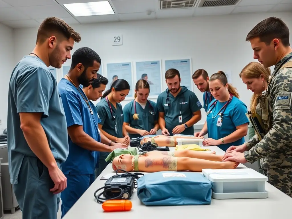 A diverse group of medical professionals participating in a hands-on emergency care training simulation, showcasing teamwork and advanced medical equipment.