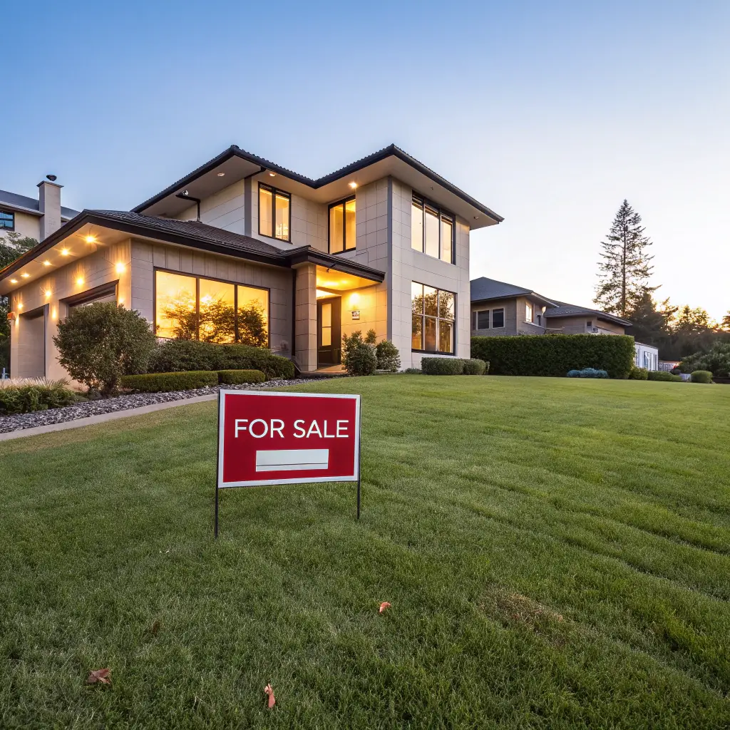 A modern, well-lit home exterior with a 'For Lease' sign subtly placed in the yard. The image should convey a sense of quality and neighborhood appeal, suitable for a family.