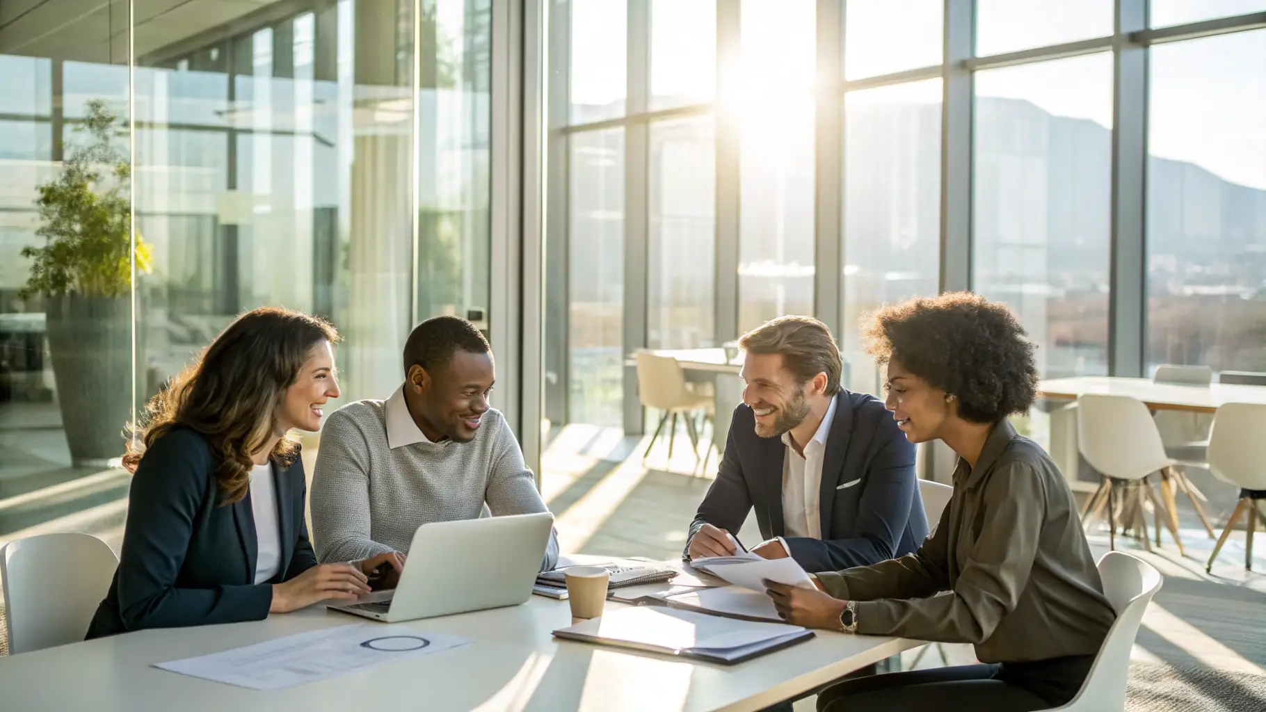 A professional team collaborating in a modern office environment, symbolizing expertise and teamwork in business support services