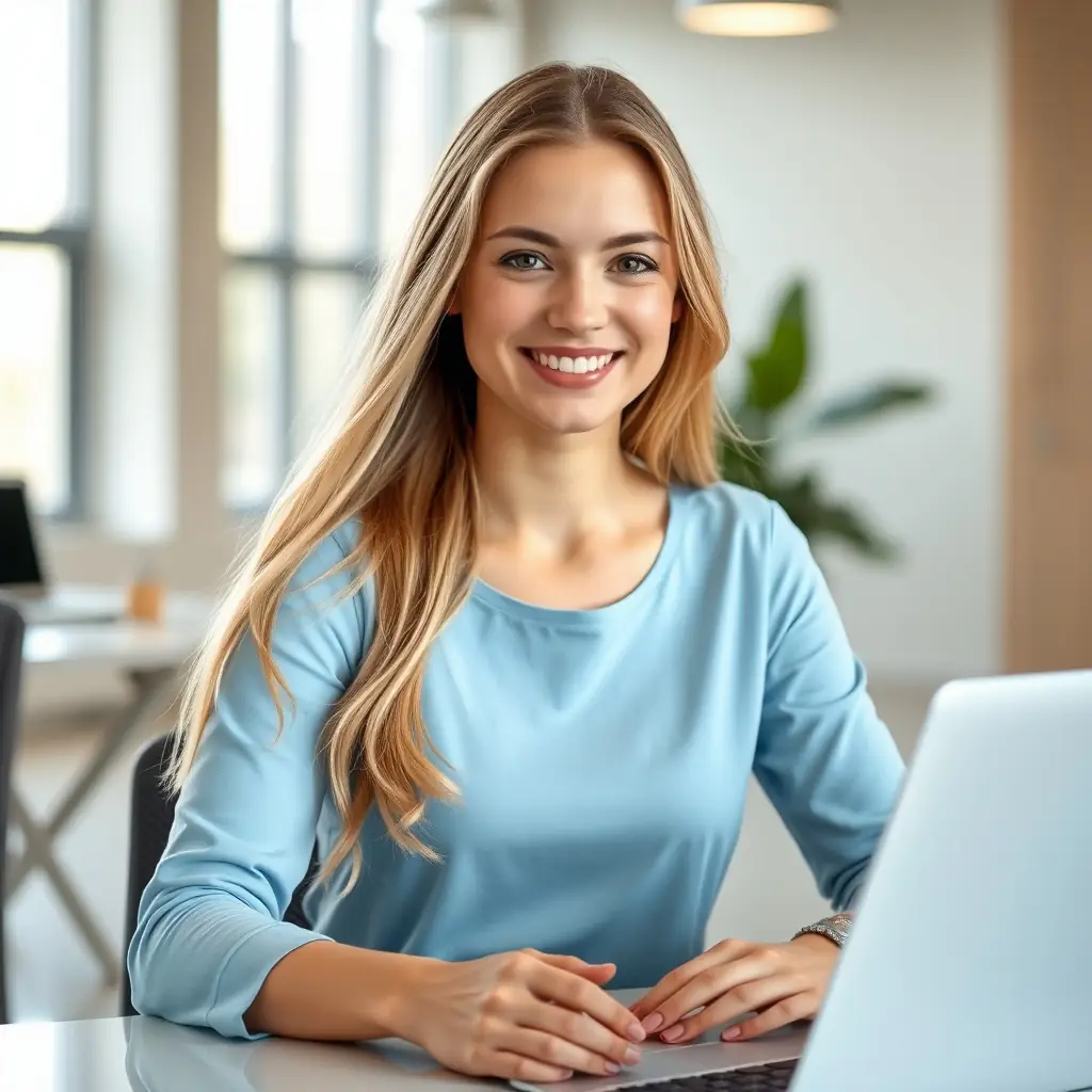 A woman with long blonde hair, wearing a white blouse, smiling and looking at the camera, sitting at a desk with a laptop.