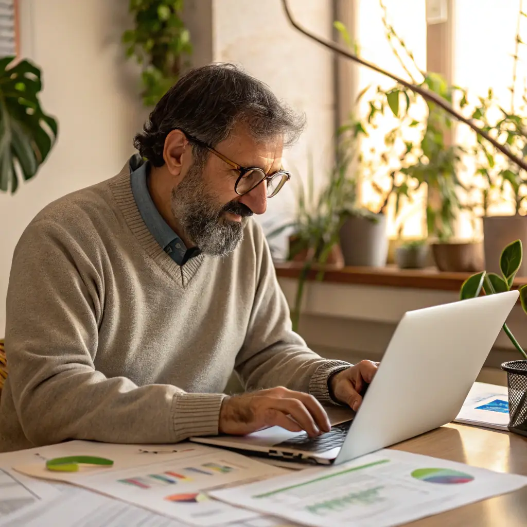 David is an environmentally conscious man with a thoughtful expression and a neatly trimmed beard, often seen reviewing sustainability reports with a determined look.