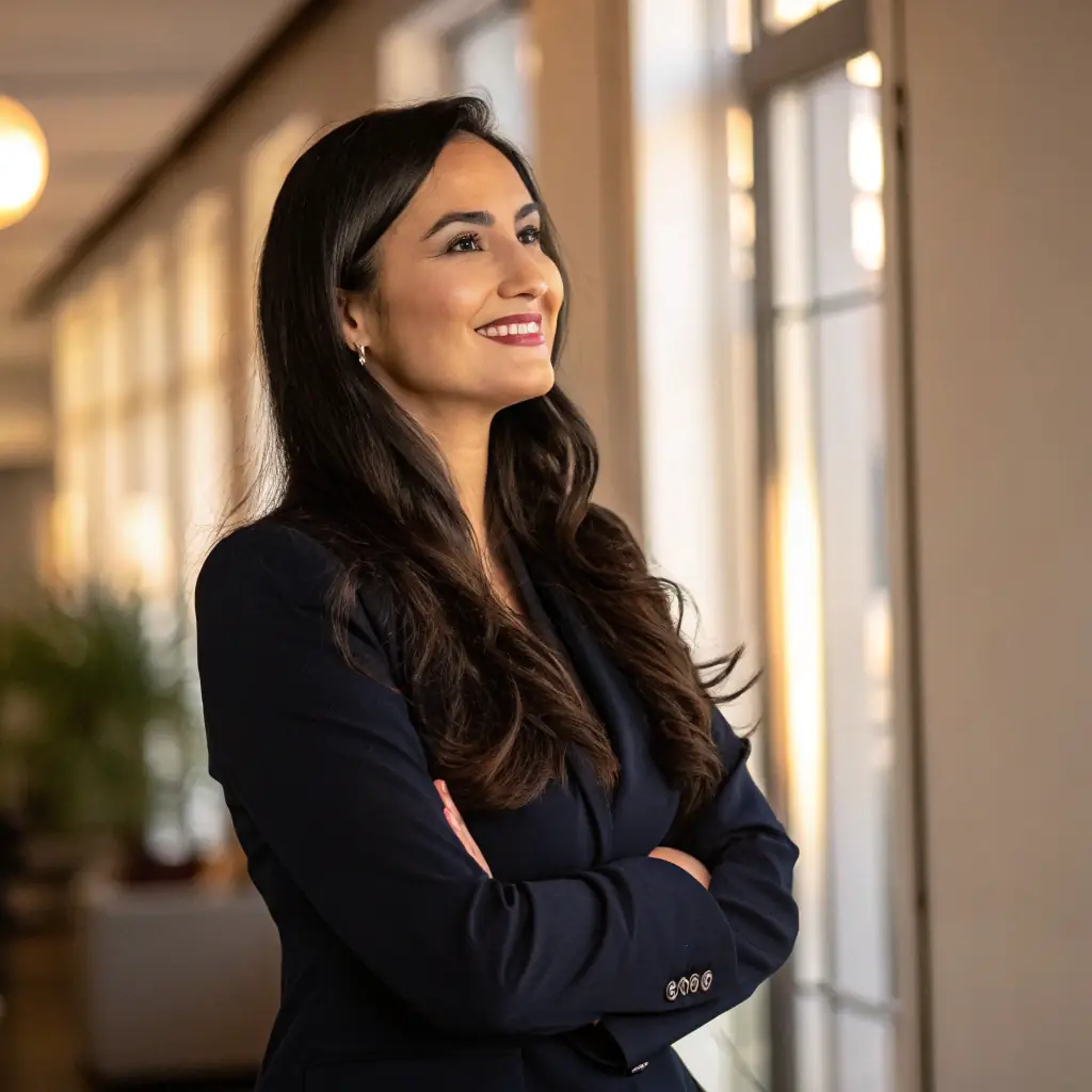 Dr. Sharma has a warm, inviting smile and kind eyes, framed by her long, dark hair, often seen wearing a lab coat over her traditional Indian attire.