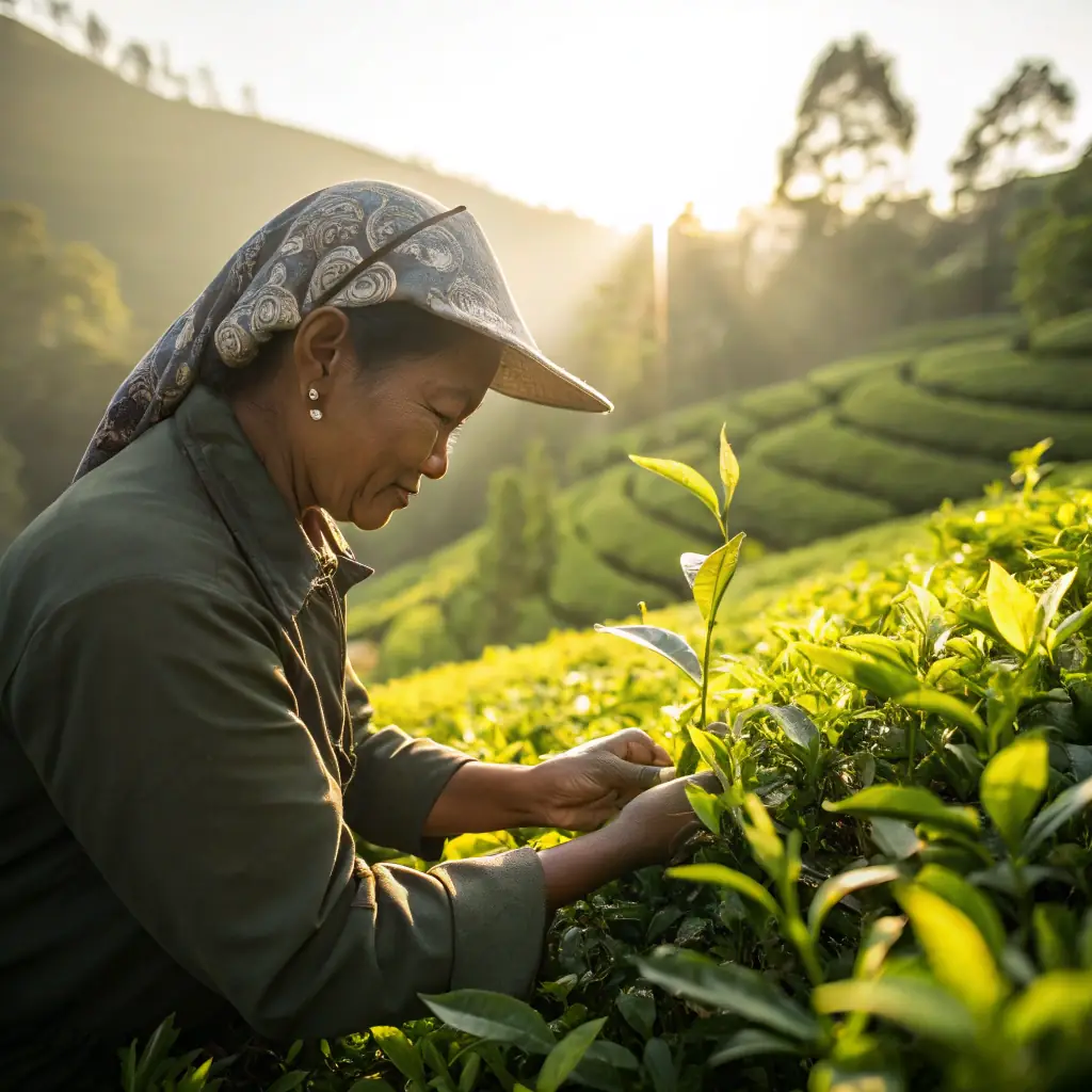 Ben is a tall, athletic man with short, cropped hair and a friendly demeanor, often seen in field attire, inspecting tea leaves with a magnifying glass.