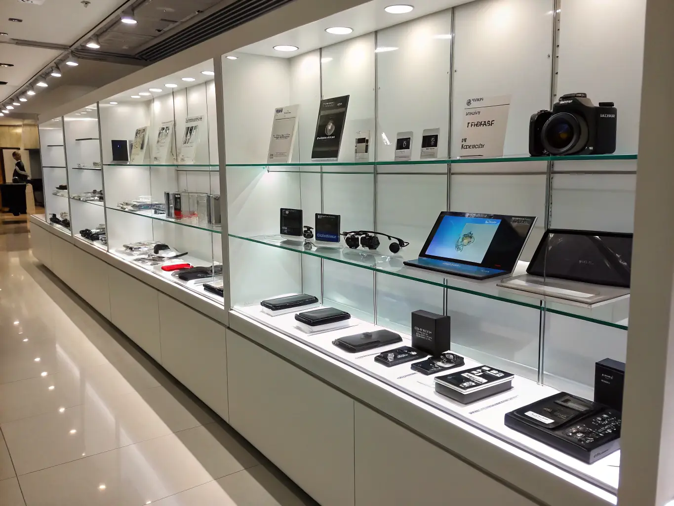 An inviting image of a modern electronics store setup with gadgets on display, emphasizing a tech-savvy shopping environment.