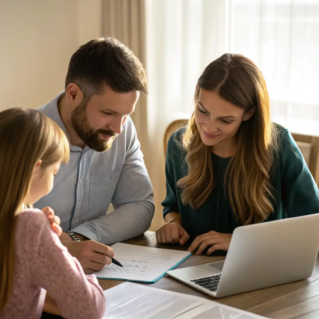 A family discussing estate planning options with a Trustpoint legal advisor in a bright, modern office setting. The focus is on the advisor explaining the benefits of a living trust.