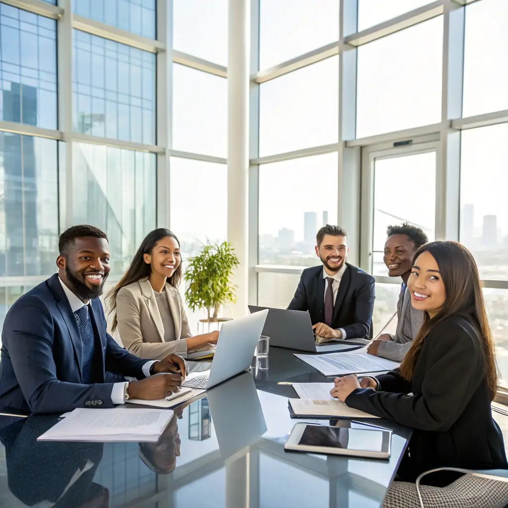 A diverse team of experienced professionals collaborating in a modern office setting, reviewing business plans and discussing growth strategies, reflecting Harbor Private Equity's commitment to partnership and long-term value creation.