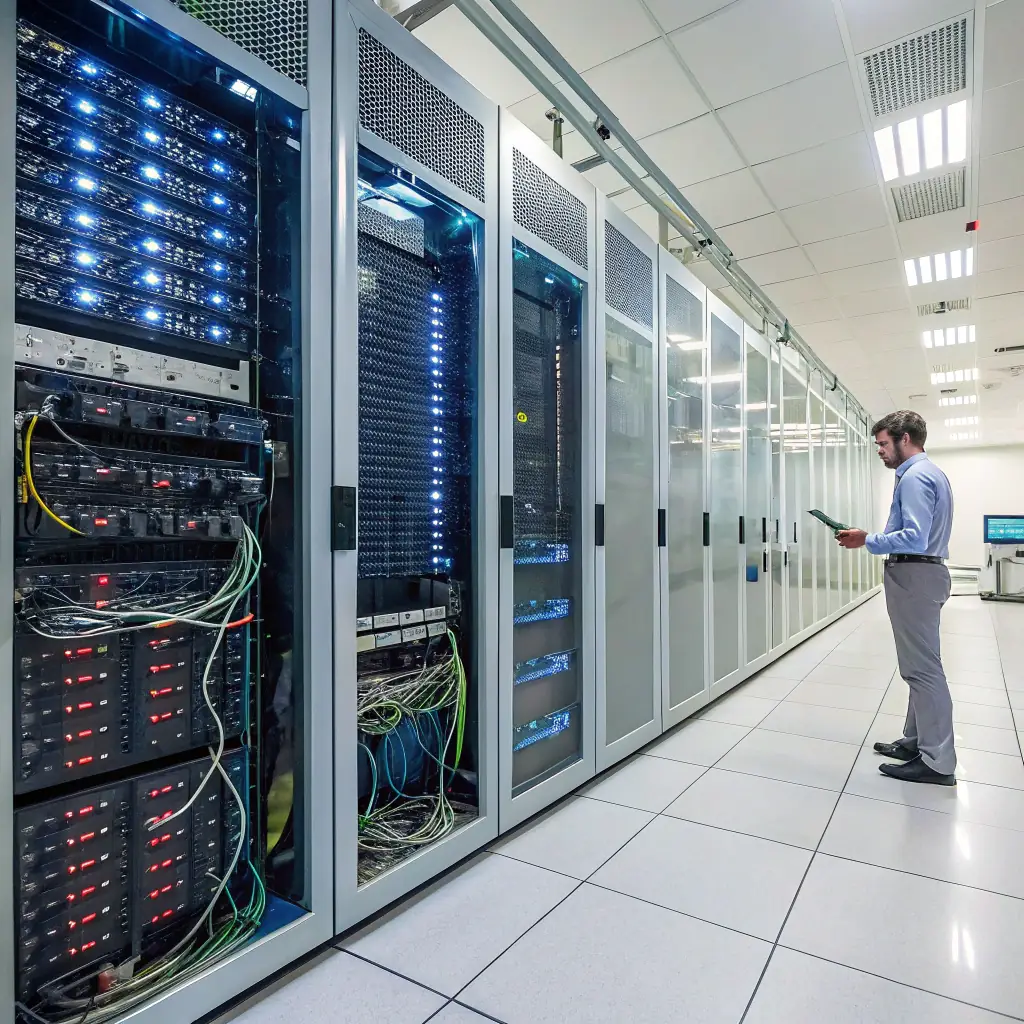 A futuristic server room with AI robots optimizing server performance, sun rays, and a digital display showing real-time performance metrics. The scene should convey reliability, speed, and advanced technology, suitable for a digital marketing agency specializing in AI-powered hosting solutions.