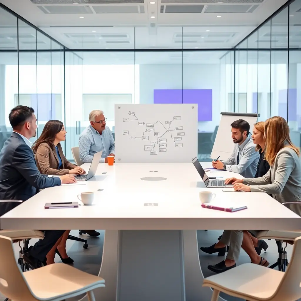 A diverse group of tech executives collaborating in a modern office setting, brainstorming ideas and analyzing data on a large screen. The atmosphere is energetic and focused, reflecting the collaborative spirit of the TechGrowth Leaders community. The image should convey a sense of innovation and strategic decision-making.