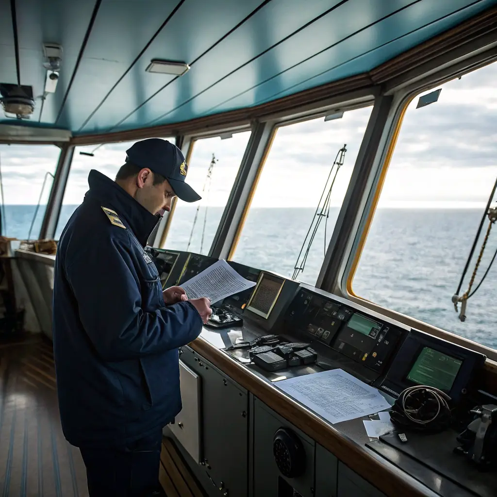 A ship's bridge during an internal audit, with an auditor reviewing documents and checklists, ensuring compliance with maritime regulations.
