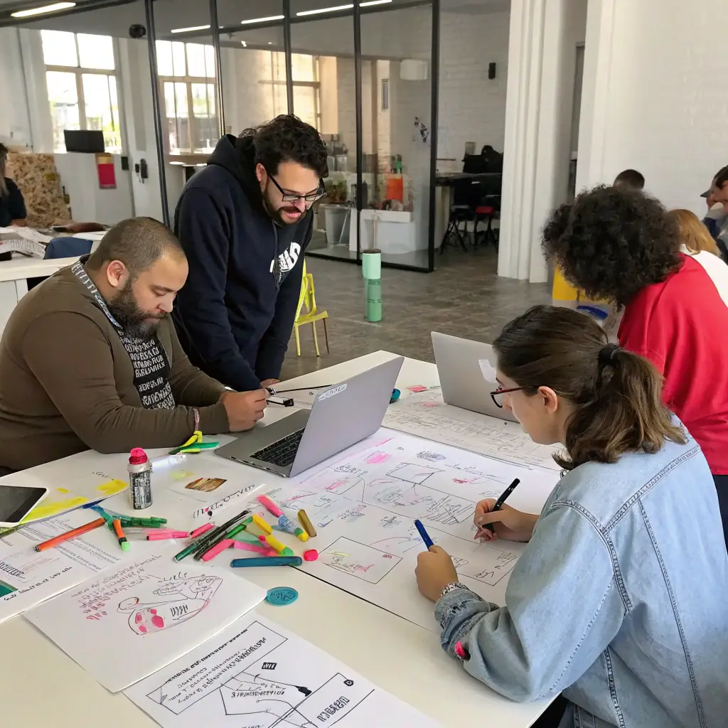 A diverse group of creators collaborating in a modern, minimalist studio, brainstorming ideas and reviewing storyboards, emphasizing a collaborative and efficient creative process.