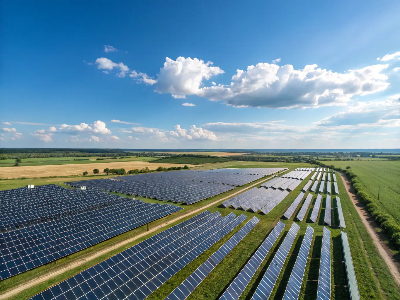 An image of a solar farm with clear blue skies, representing renewable energy infrastructure and CELINTECH's commitment to sustainability.