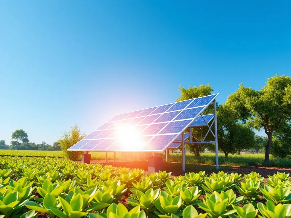 A modern solar panel installation with a green leaf icon overlay, symbolizing renewable energy and sustainability.