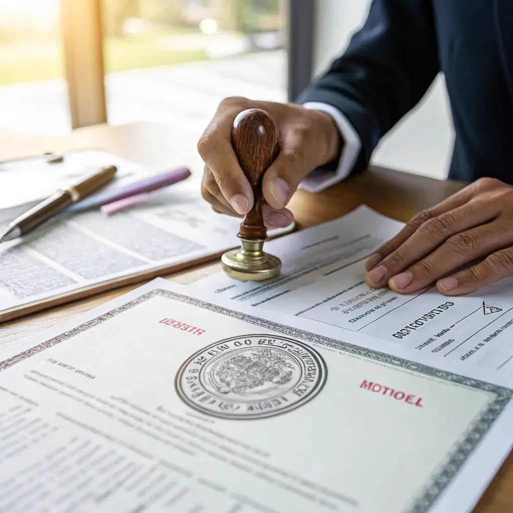 A close-up shot of official documents being stamped with a notary seal, symbolizing the authentication process for international IVF patients in Georgia. The image should convey trust and precision.
