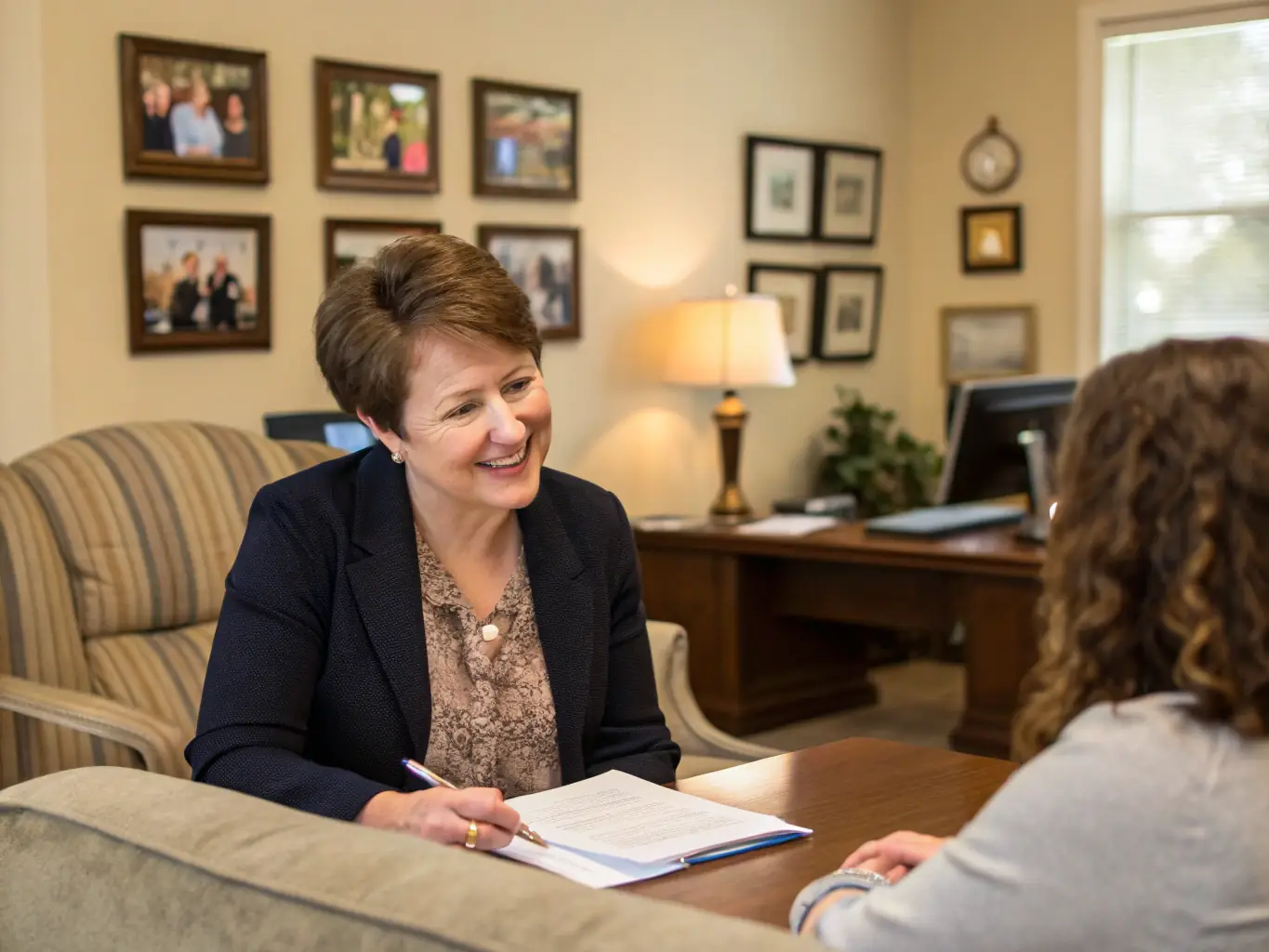 A supportive family law attorney helping a client with paperwork in a bright, modern office setting.