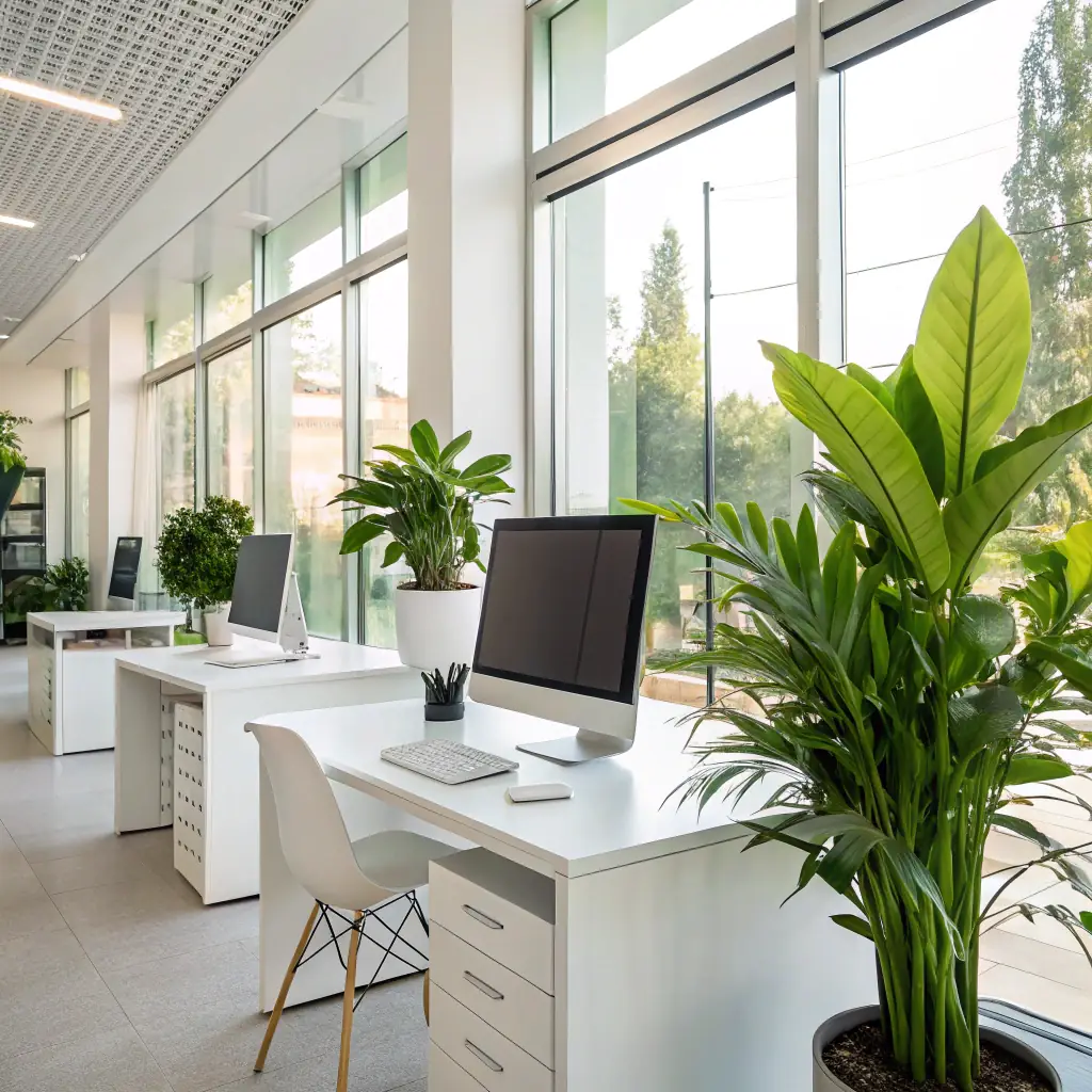 A modern office space with employees working comfortably in a clean and bright environment, showcasing the benefits of Apriori Services' cleaning.