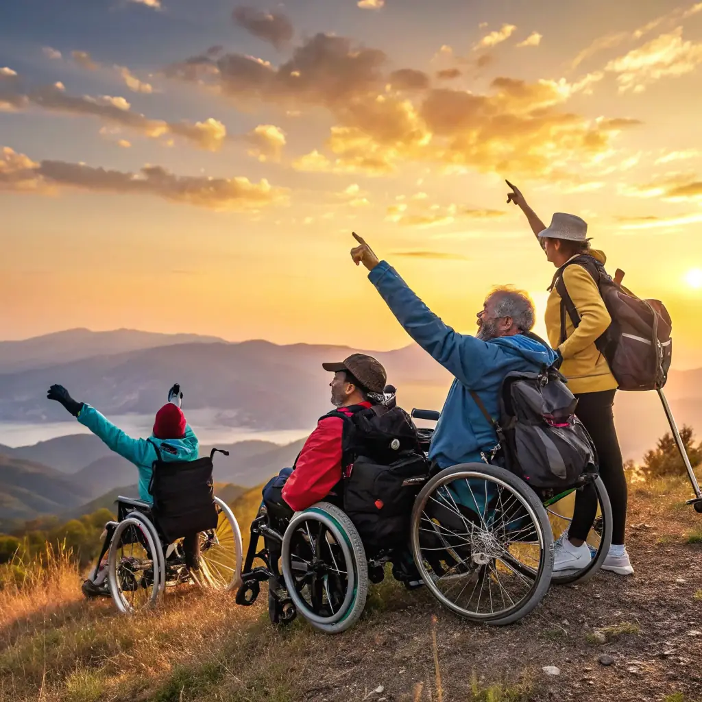 A group of diverse travelers, including people using wheelchairs and those with other visible and non-visible disabilities, joyfully exploring the Old City of Jerusalem. The image should convey a sense of adventure, inclusivity, and accessibility.