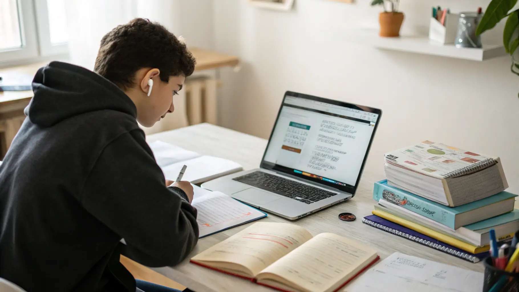 A student confidently using a laptop in a modern, well-lit study environment, symbolizing academic success and technological integration.
