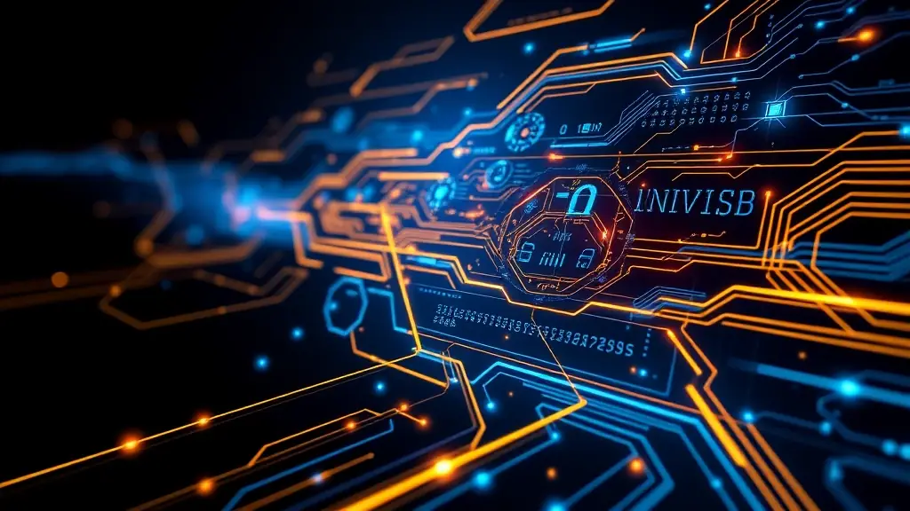 an AI and machine learning concept art image showing futuristic AI interfaces and data visualizations, suitable for a tech solutions webpage