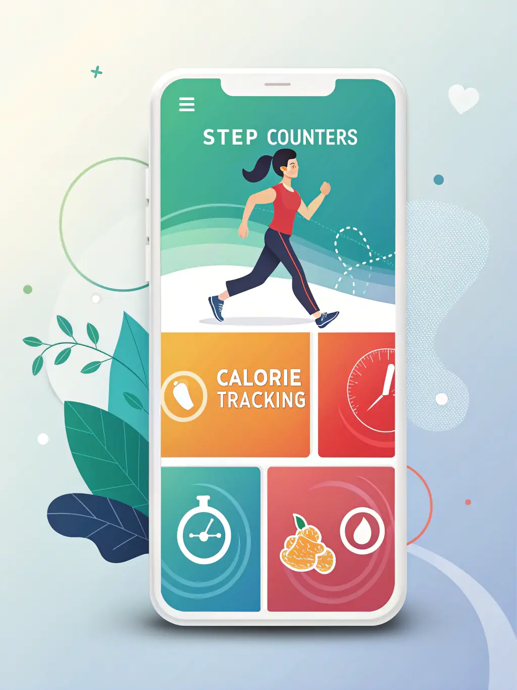 A mobile dashboard mockup displaying fitness analytics data, including steps, workouts, calories, and streaks. The dashboard has a clean, modern design with a SaaS-inspired look.