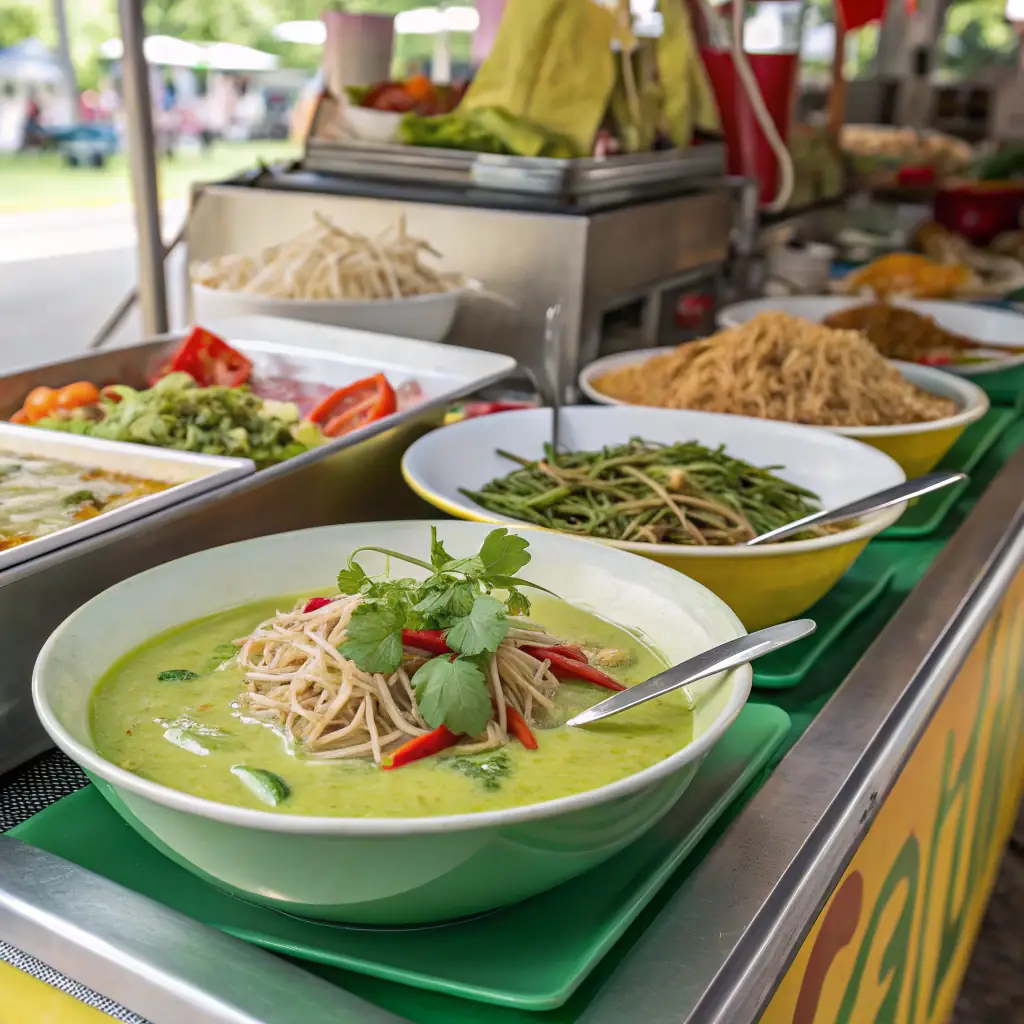Ein appetitliches Foto von einem der beliebtesten Gerichte des Thai Orchid Restaurants, z.B. Pad Thai oder Grünes Curry, auf einem traditionellen thailändischen Teller, umgeben von frischen Kräutern und Gewürzen.