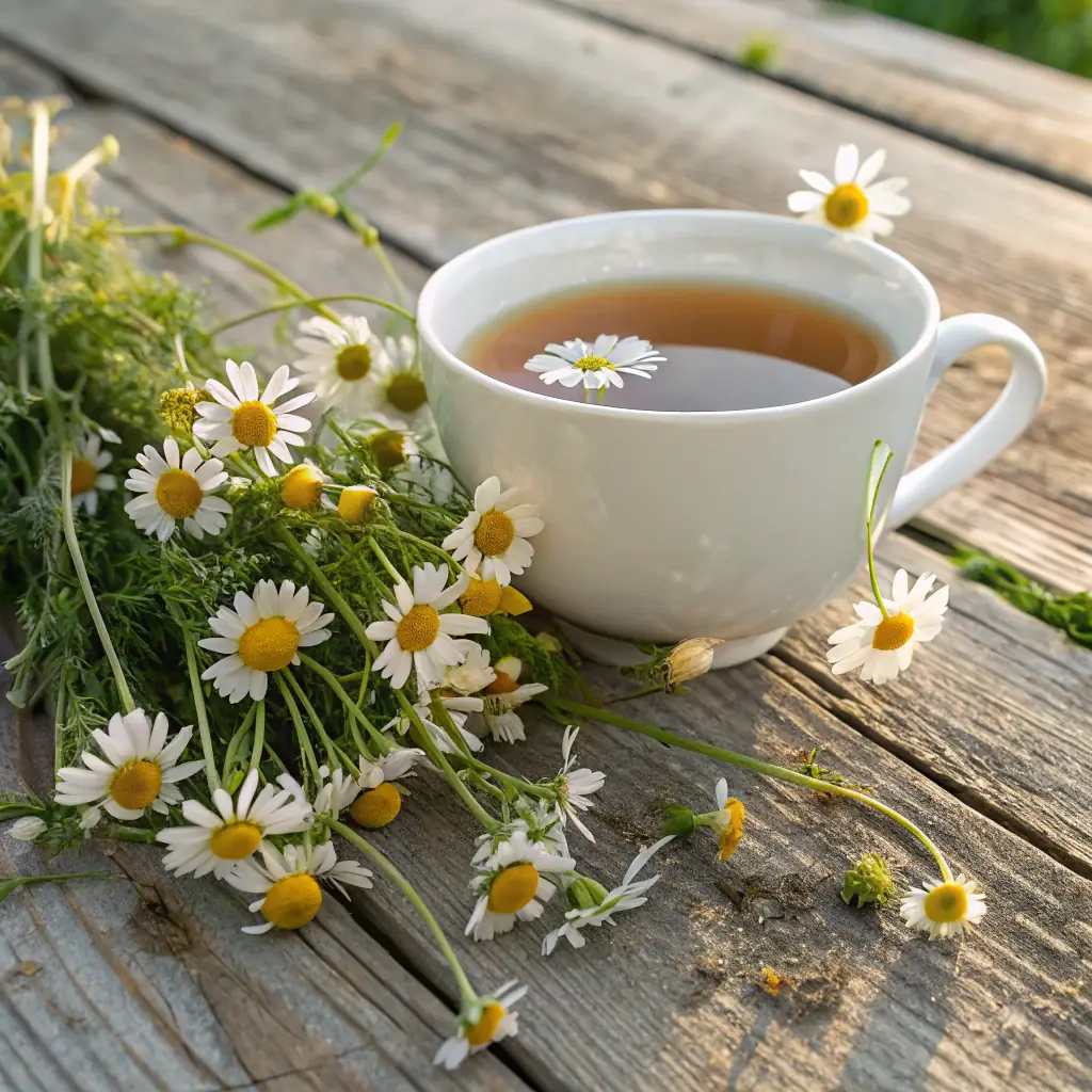A close-up shot of a steaming cup of PureLeaf tea, with visible herbs and tea leaves, set against a backdrop of a serene, natural environment. The image should convey a sense of calm, purity, and holistic wellness.