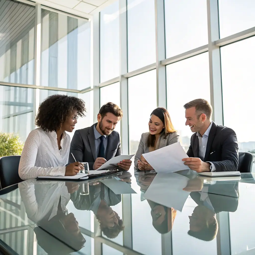 An image depicting a diverse group of business professionals reviewing a business contracts in a modern office setting. The image should convey trust, collaboration, and attention to detail, reflecting Trustpoint's commitment to protecting business interests through professional legal services.