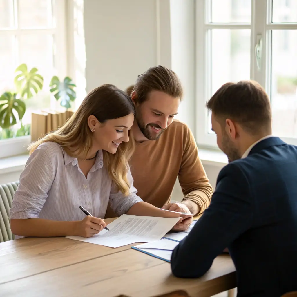 Illustratie van een tevreden klant die gebruikmaakt van de hypotheekcalculator, met een huis op de achtergrond