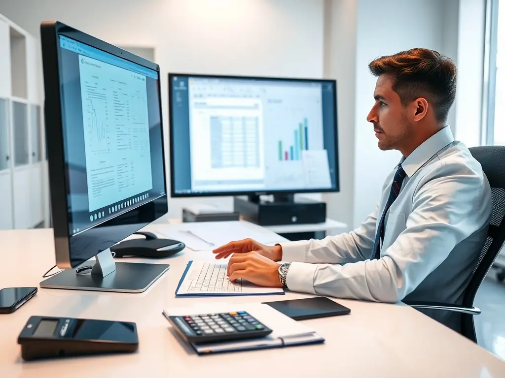 A professional accountant reviewing financial documents with a calculator and laptop, representing expert financial consulting