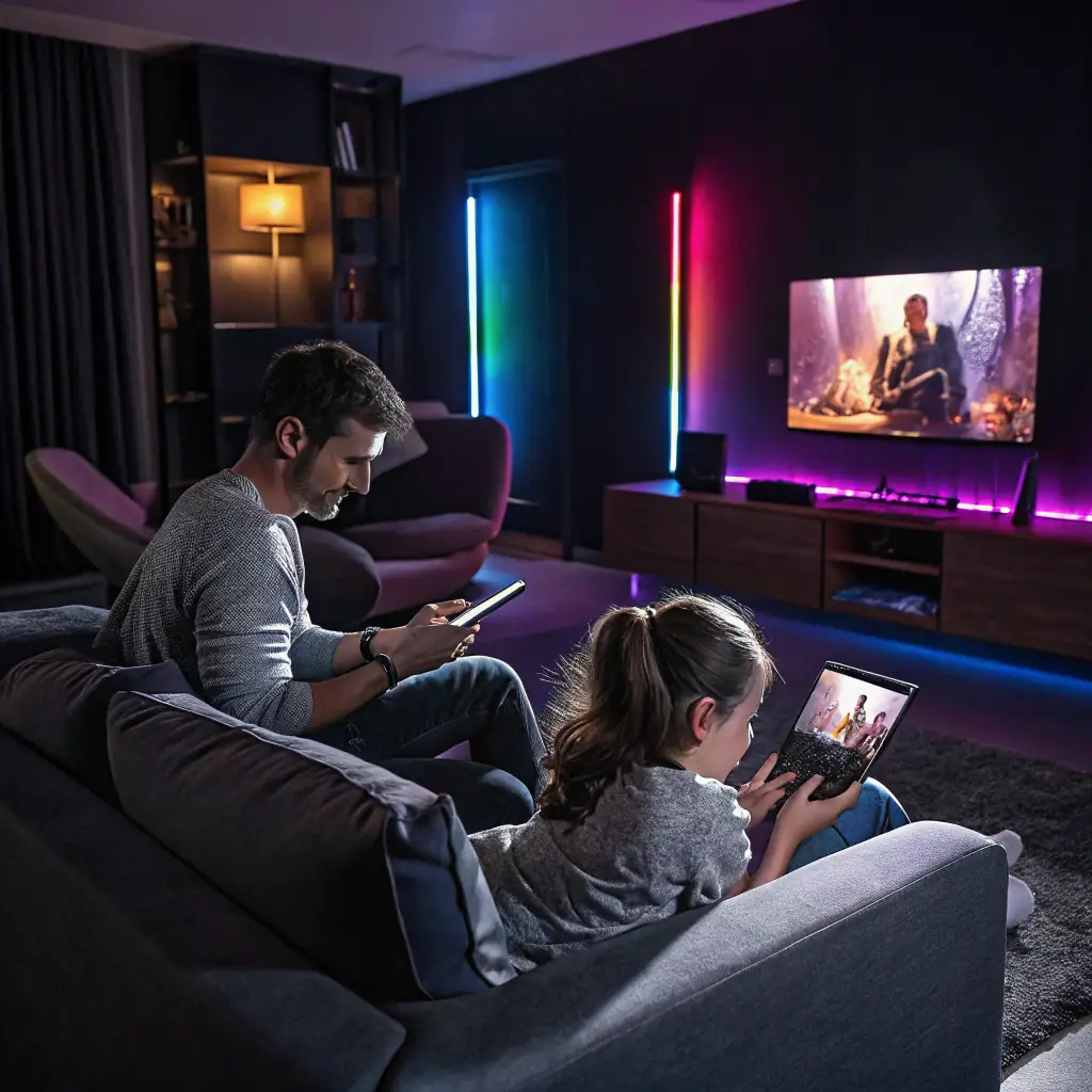 A family using multiple devices simultaneously, including streaming video on a smart TV and a student participating in a video call on a laptop, illustrating the need for sufficient bandwidth.