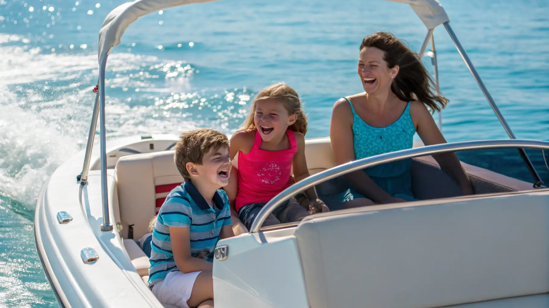 A family enjoying a SWAVE electric water scooter on a sunny day, gliding across calm, clear water.