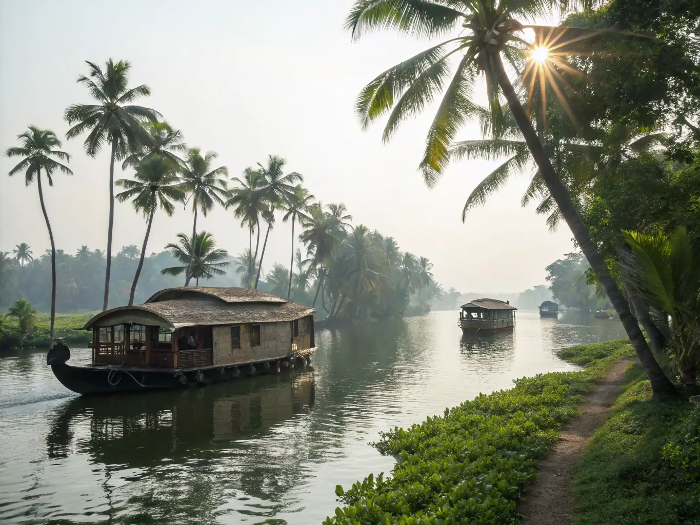 A wide, scenic view of Punnamada Lake in Alappuzha, Kerala, showcasing traditional houseboats and the lush greenery surrounding the calm waters. The image should evoke a sense of tranquility and cultural richness.