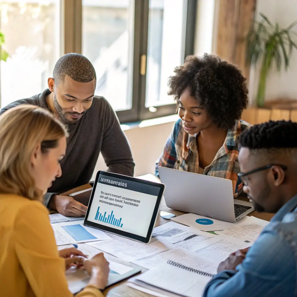 An image representing a diverse group of small business owners and nonprofit leaders collaborating on digital marketing strategies, symbolizing Lemay Consulting's broad client base and collaborative approach.