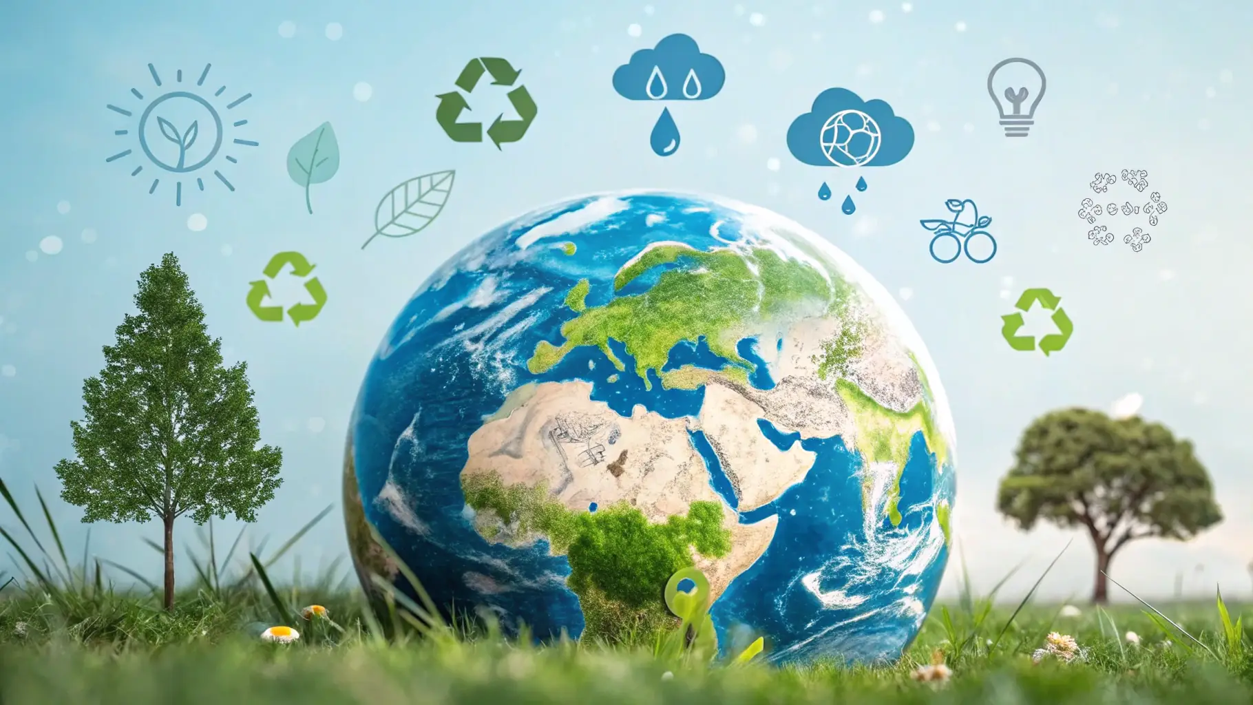 An integrated environmental visual, such as a large circular arrow surrounding the Earth, with dark green and light green colors.