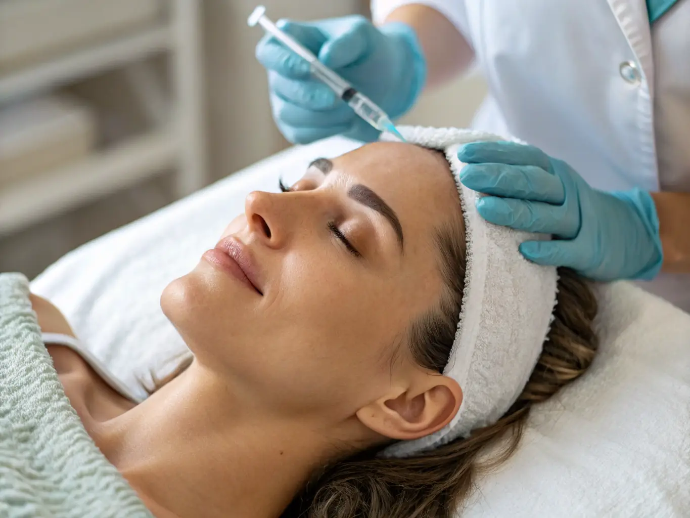 A woman receiving a PRF injection in her face.