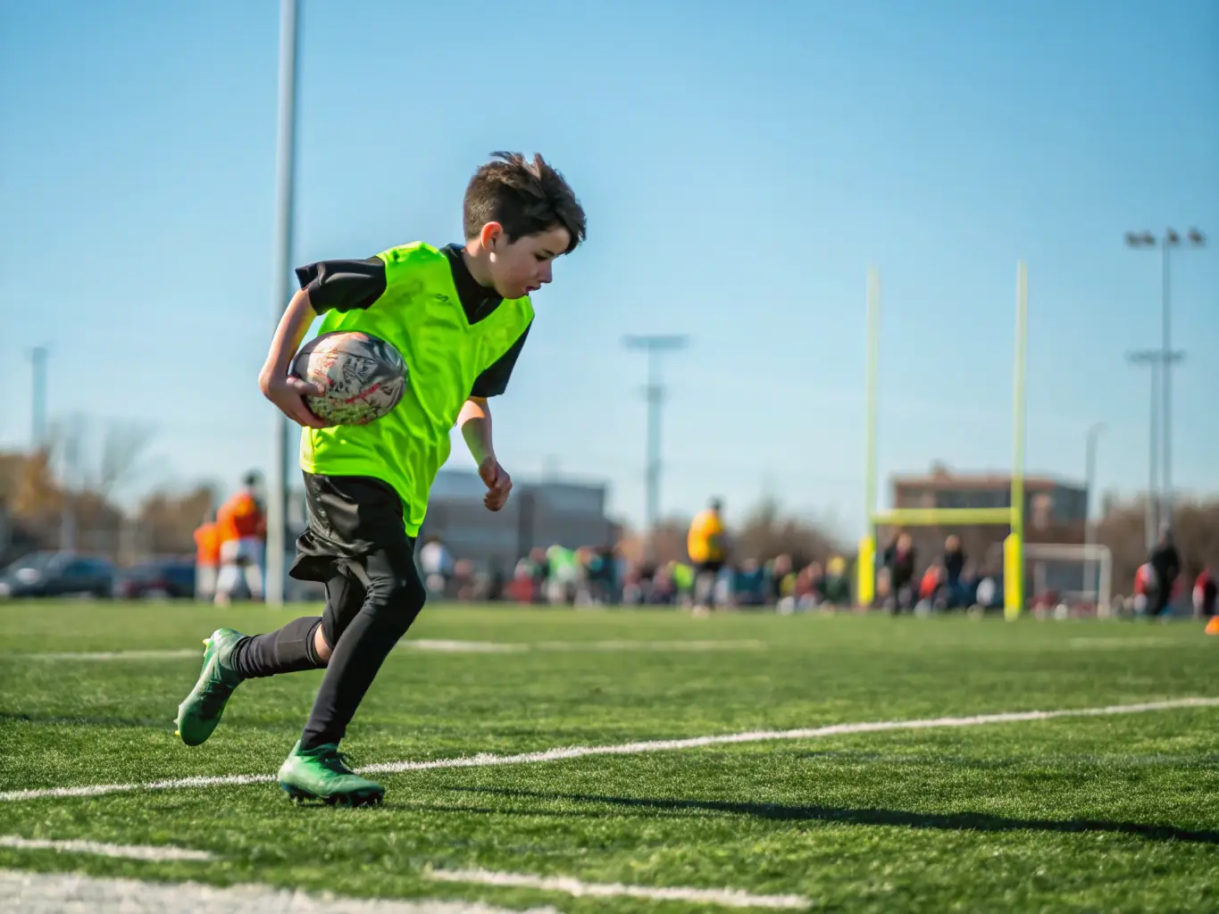 A young footballer practicing dribbling drills on a lush green field, representing youth training and international exposure.