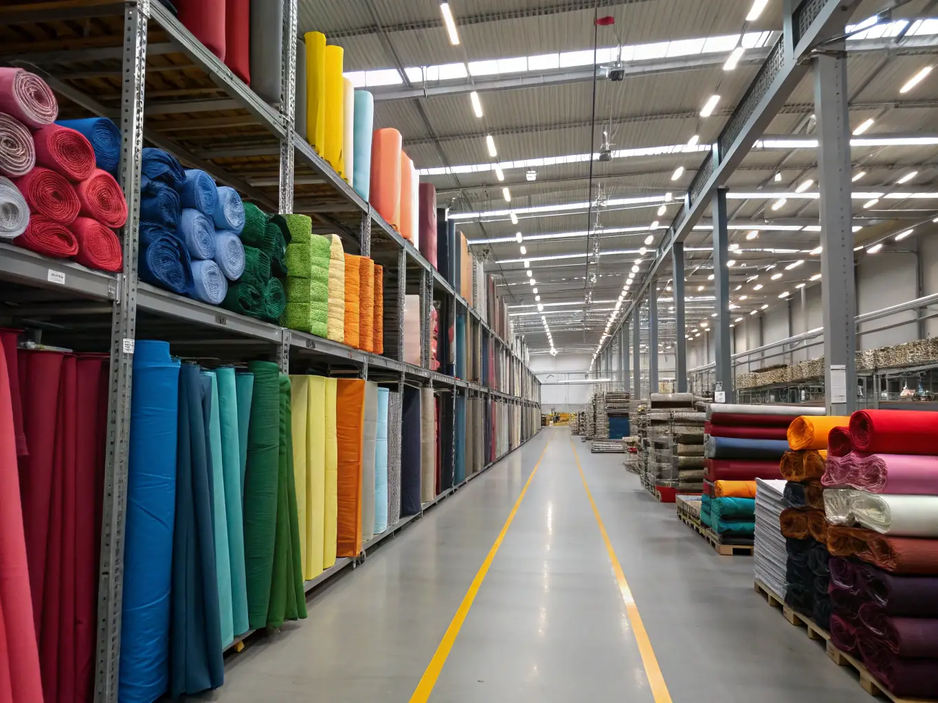 A warehouse setting showcasing Dravin International's selected industrial commodities, including steel components and textile raw materials, highlighting the reliability and quality of the products.