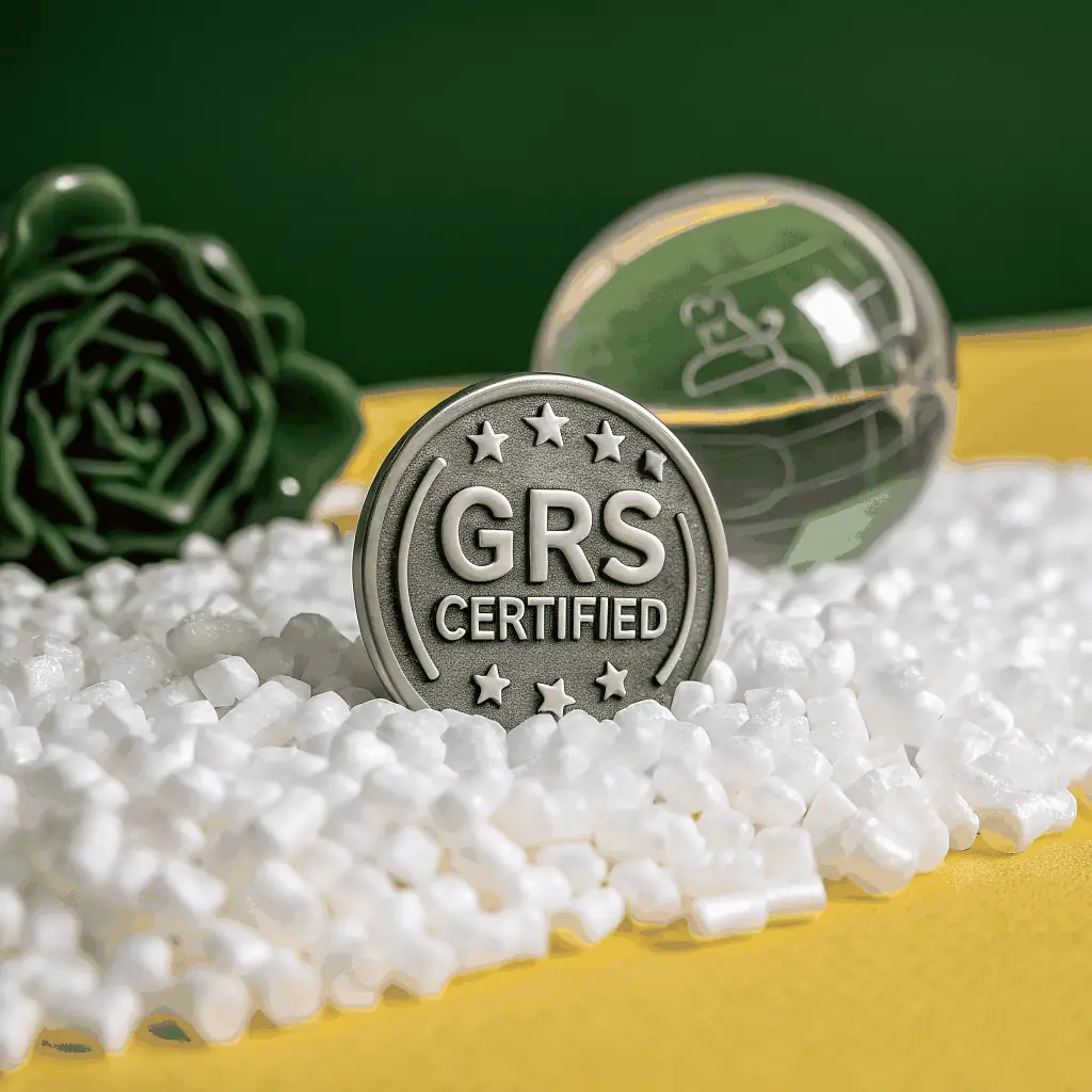 A prominent GRS (Global Recycled Standard) badge, circular shape, containing a circular arrow and the letters 'GRS', placed on a clean white background. The badge should look modern and professional, suitable for a corporate sustainability report.